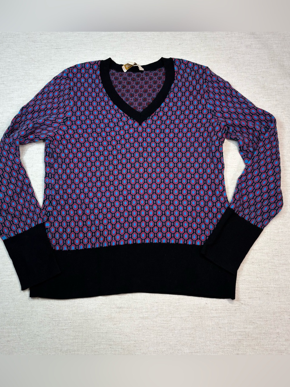 Etcetera women size M V-Neck geometric Sweater long sleeve red blue viscose